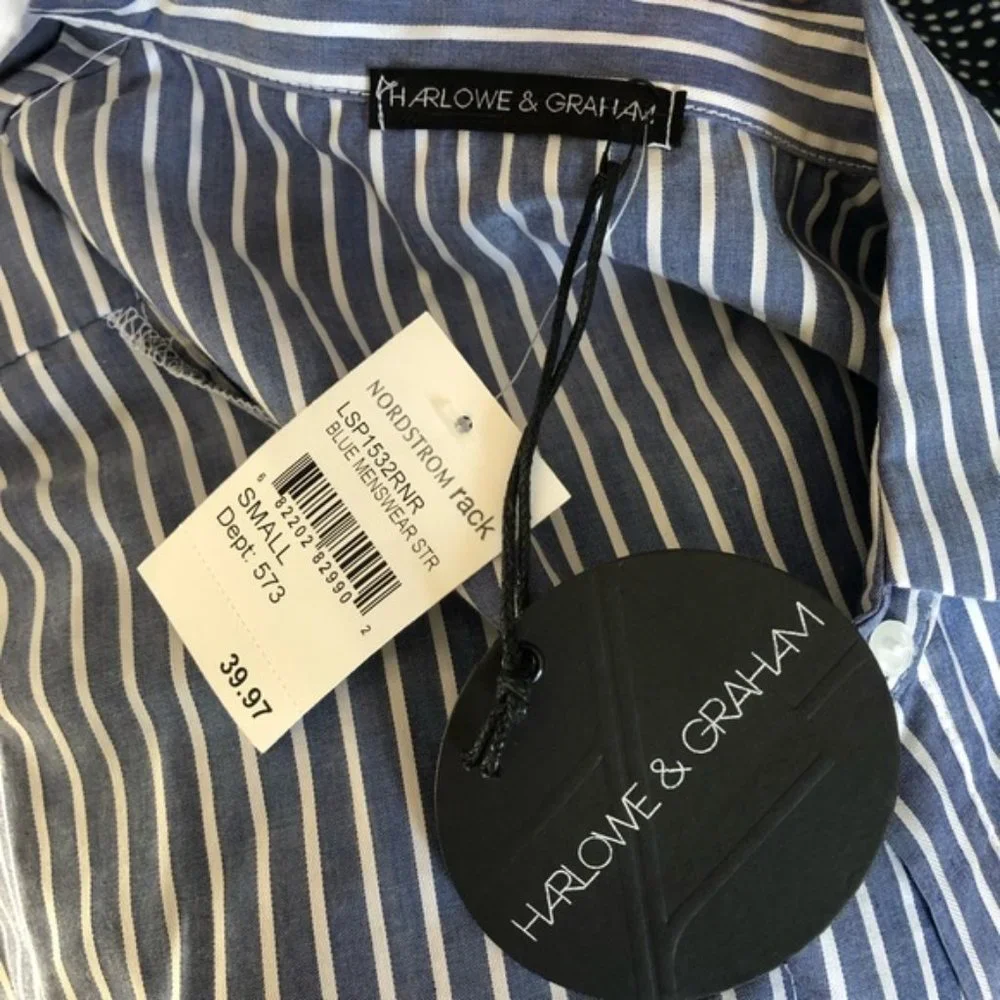 Harlowe & Graham Blue White Striped Cold Shoulder Long Sleeve Button Down Blouse - Picture 8 of 9